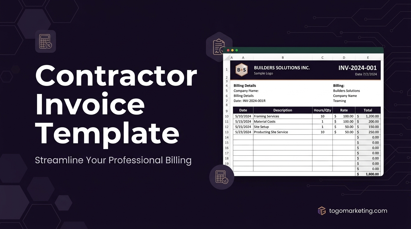 Contractor invoice template Excel preview showing auto-calculating invoice form