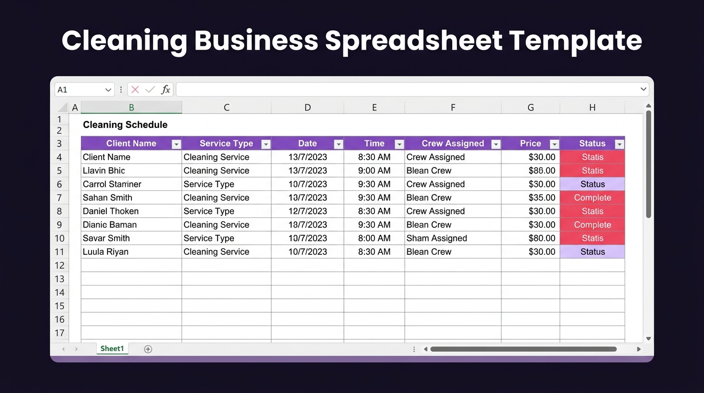 Cleaning business spreadsheet template preview showing operations dashboard and quoting calculator