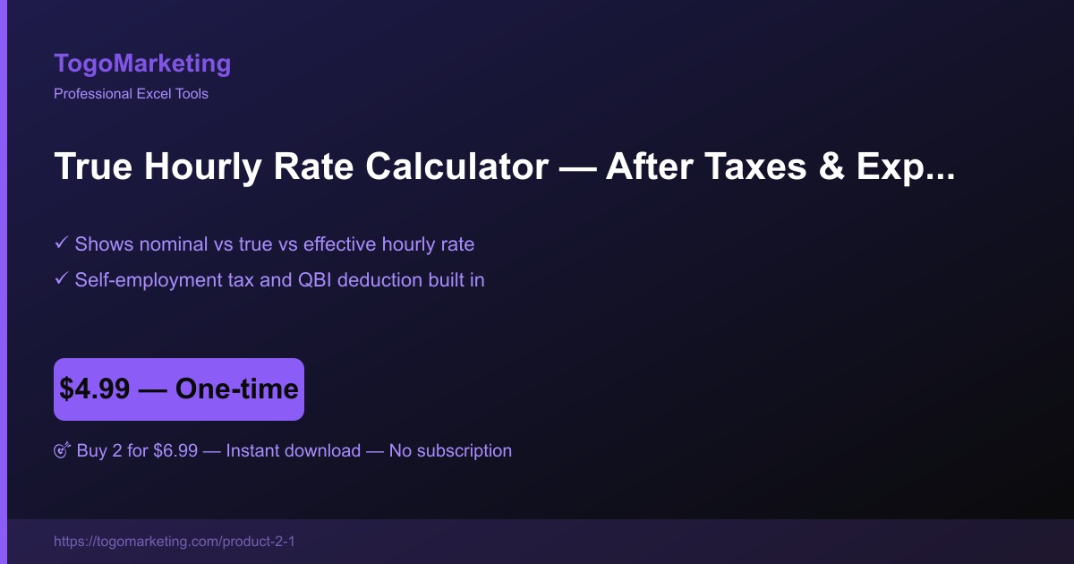 Freelance hourly rate calculator preview showing true hourly rate after taxes and expenses
