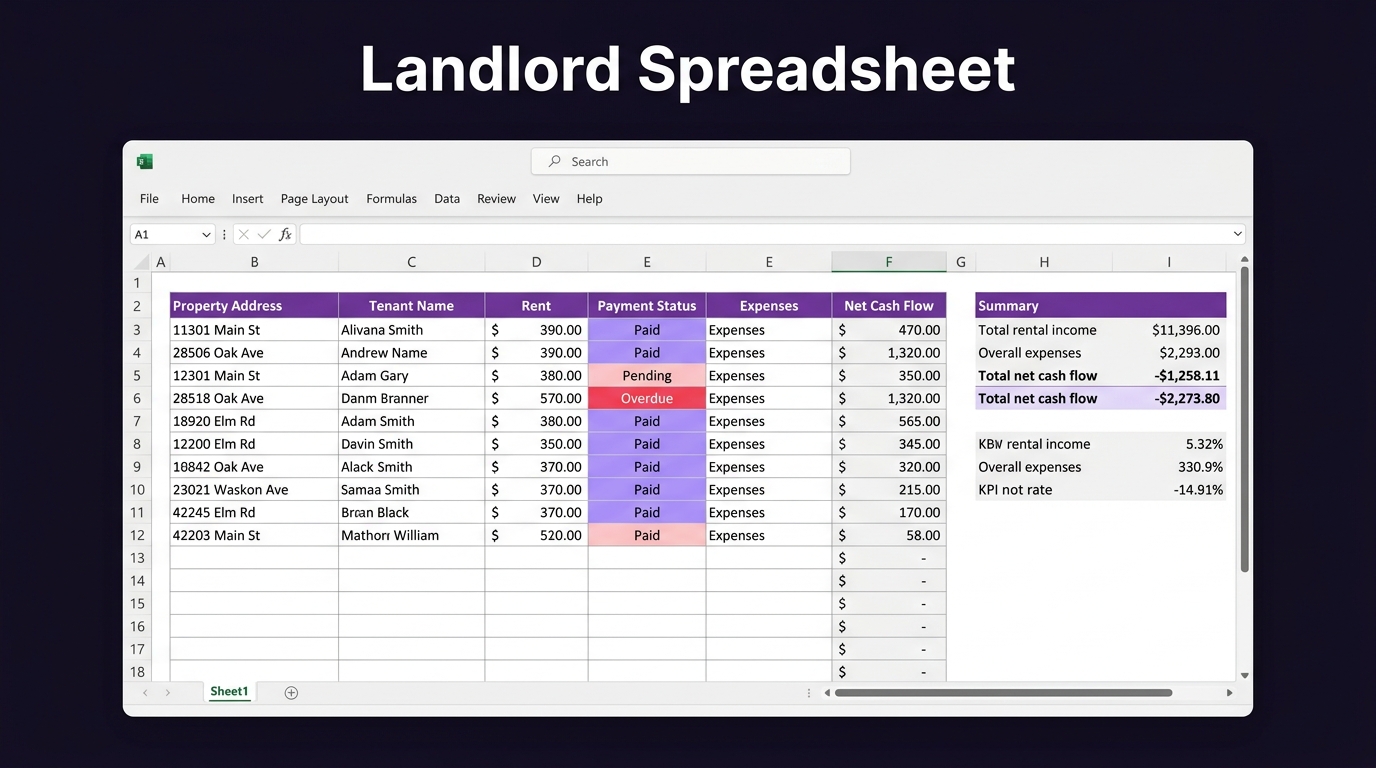 Landlord spreadsheet preview showing rental property income and expense tracker