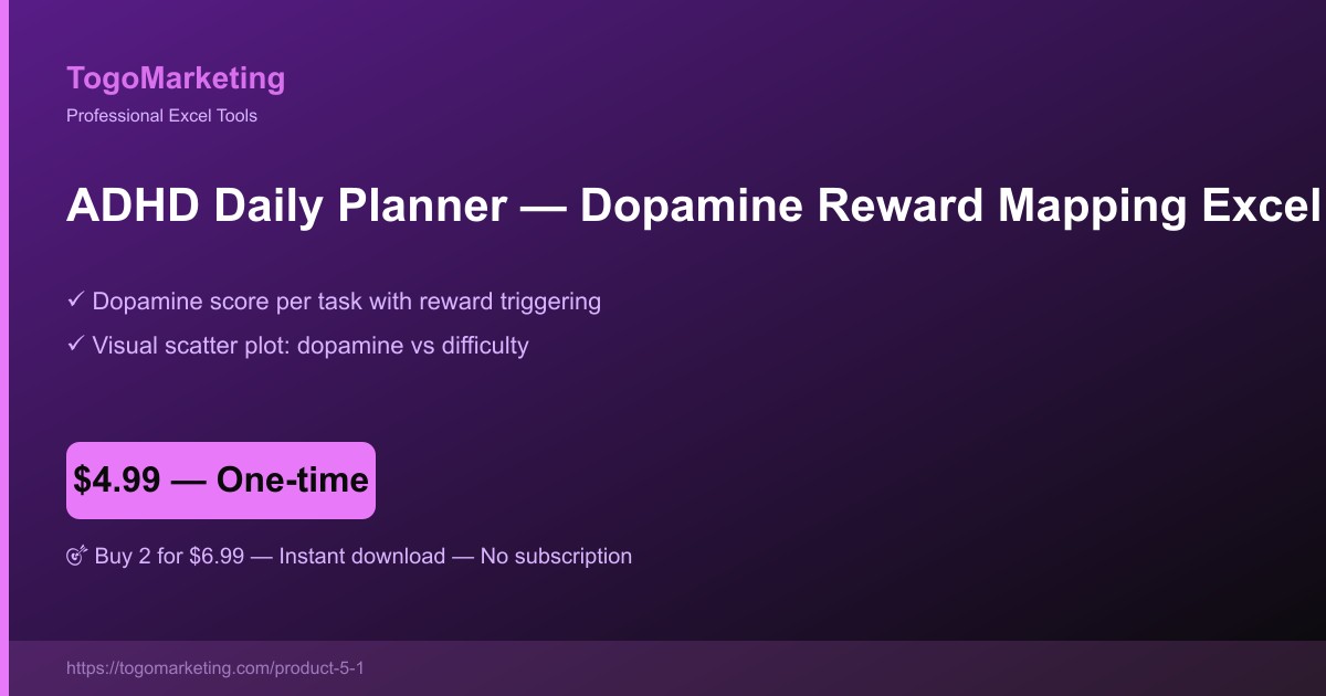 ADHD daily planner spreadsheet preview with dopamine-reward task mapping