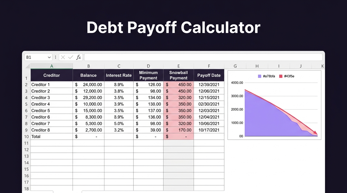 Debt payoff calculator preview showing snowball and avalanche comparison spreadsheet