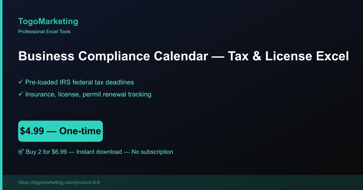 Business Compliance Calendar (Licenses, Taxes, Insurance, Permits) preview